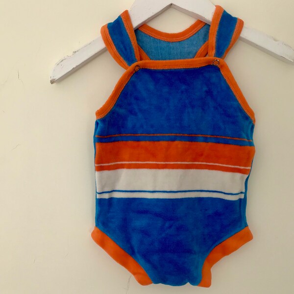 Vintage velour baby summer Playsuit romper boy girl 3-6 months blue orange retro 1980s