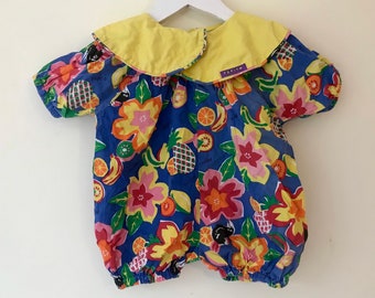 Vintage baby girl floral romper playsuit 1990s red blue vivid 3-6 months summer collar