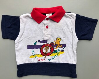 vintage 1990s couleur bloc polo garçon bébé fille 6-9 mois bleu rouge manches courtes