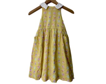 Vintage multicolored 1990s bright girls dress age 6-7 collar yellow retro cotton