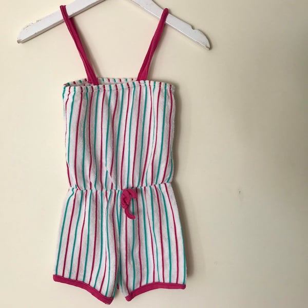 1980s girls pink terry summer playsuit 2t 2-3 years vintage striped romper sleeveless