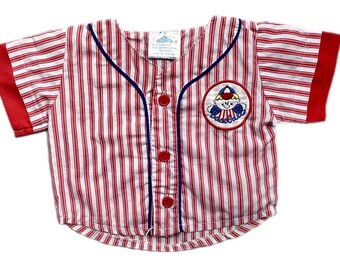 Bright button down shirt baby boy stripe red vintage 3-6 months 1980s retro