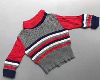 Vintage 1970s boys turtle neck sweater striped 18-24 months red blue grey retro jumper