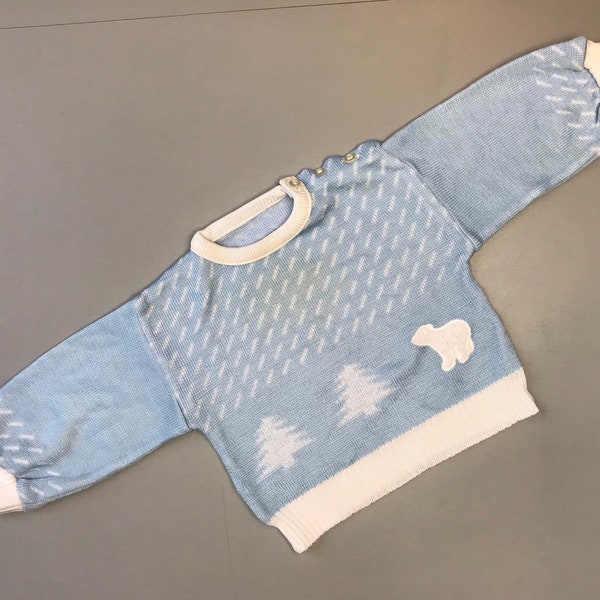 Vintage knit holiday sweater 6-9 months 9-12 baby boy girl blue polar bear 1980s Christmas