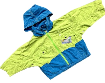 Vintage 1990s colour block baby jacket boy girl 12-18 months blue Green hooded raincoat windbreaker