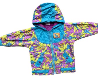 Vintage 1990s colour block baby jacket  boy girl 12-18 months purple giraffes hooded raincoat windbreaker