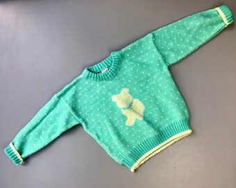 Brillante vintage baby maglione orsacchiotto maglione unisex 6-9 mesi verde giallo ragazzo ragazza 1980 retrò vacanze di Natale