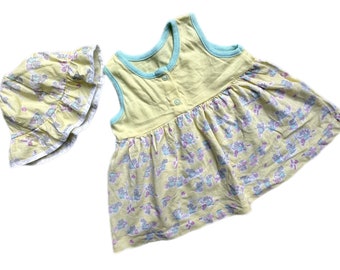 Vintage 90s baby dress hat set 3-6 months summer pastel yellow mouse 1990s