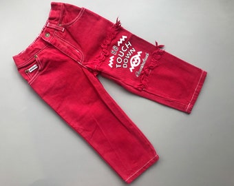 Vintage red denim jeans 1990s football boy girl 18-24 months trousers retro bright trousers