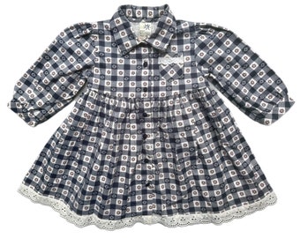 Vintage check floral dress 9-12 months baby girl blue white summer