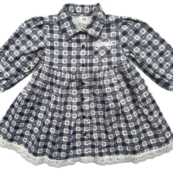 Vintage check floral dress 9-12 months baby girl blue white summer