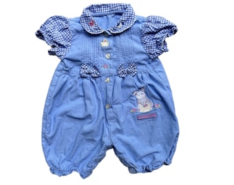 Vintage newborn baby girl chambray play suit baby gift romper playsuit 1990s collar