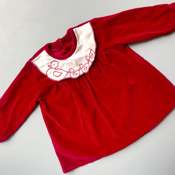 Christmas dress red velvet ducks satin bib collar baby girl 6-9 9-12 months party 1980s vintage retro