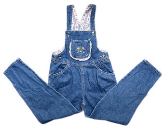 Vintage 1990s girls denim overalls 9-10 years dungarees retro floral