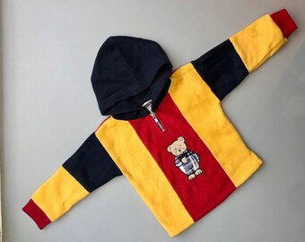 Vintage baby 1990s 6-9 months 9-12  colour block sweater sweatshirt blue red yellow jumper Teddy bear