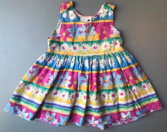 Vintage bright floral summer dress baby girl 2-3 years retro 1990s sleeveless beach