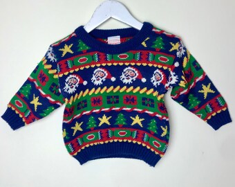 Vintage knit Christmas sweater baby boy girl jumper 9-12 months red blue Santa 1990s retro holiday