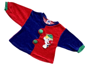 Vintage velour sweatshirt clown red blue baby boy girl  9-12 months retro 1990s