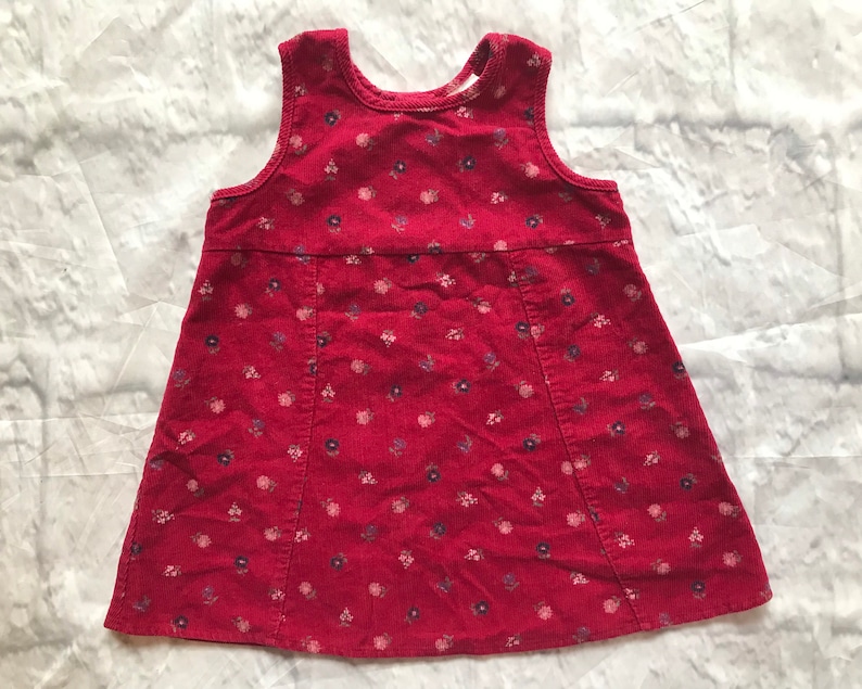 Vintage floral corduroy jumper dress dark red baby girl 6-9 9-12 months 1990s retro