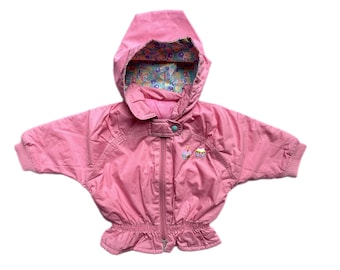 Vintage baby girl jacket lightweight summer 3-6 months pink1990s hooded raincoat anorak