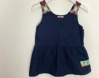 Vintage 1990s dress 18-24 months girl navy blue plaid jumper sleeveless retro