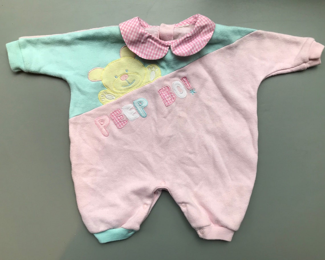 TEDDY BEAR Baby Cartoon Blue Denim Pocket Romper