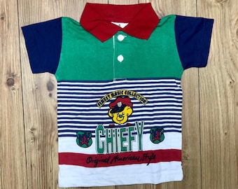 Vintage 1990s color bloque oso polo camisa niño bebé niña 6-9 meses 9-12 verde azul rojo manga corta