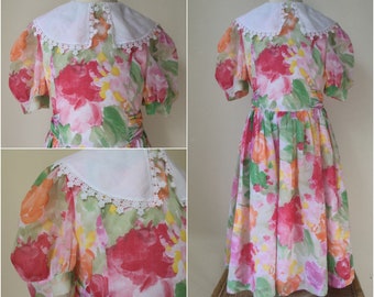 robe d'été à fleurs vintage fille de 8 ans des années 1980 col en dentelle rose jaune 7-8 ans