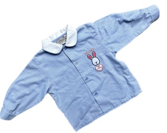 Vintage girl bunny rabbit embroidered blue check blouse shirt 18-24 months summer long sleeved