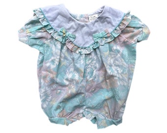 Vintage baby girl playsuit 9-12 months floral ruffles pink shortie summer
