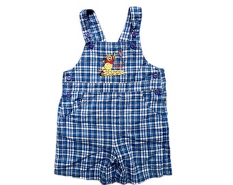 Vintage Disney Pooh plaid shortalls overalls baby boy girl 1990s 12-18 months dungarees summer blue embroidered
