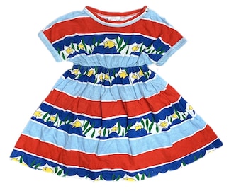 Vintage bright floral summer dress baby girl 6-9 months retro fish stripe