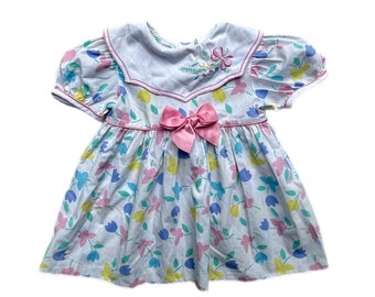 Floral pastel vintage summer dress girls 18-24 months collar 1990s ruffle