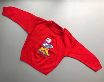 Vintage bright knit sweater jumper baby 12-18 months 1990s boy girl retro red bear skateboard