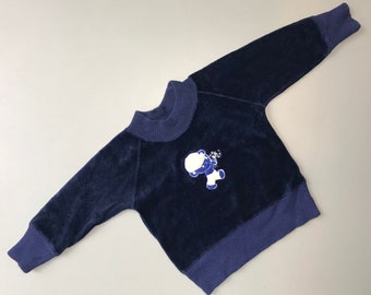 Navy blue vintage 1970s baby velour sweatshirt sweater Teddy bear jumper girl boy 9-12 months retro