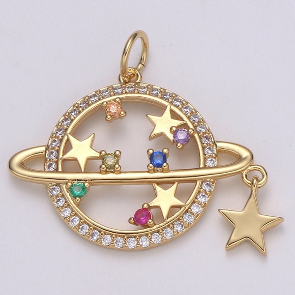 Micro Pave Multi CZ Planet of the Universe Pendant gold Charm, Star Orbit Galaxy, World Equator Star DIY Jewelry Necklace, E-214