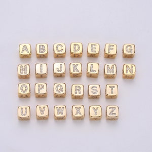 9x9mm Gold Initial Letter Beads, Alphabet Beads, Initial Beads, Alphabet Blocks Micro Pave Initial Block CharmforBracelet Necklace,BLOCK-004 Gold