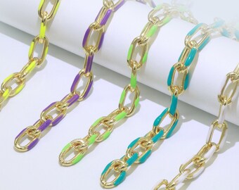24K Gold Multi color Enamel  Rolo Cable Paperclip Chain by Yard, Link Cable Thick Elongate Chain, Wholesale bulk Roll Chain Jewelry 522- 526