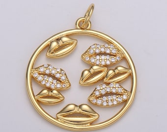 Lips Charm Pendant, Pave Lips Charms Pendants, CZ Lips Charm, Sexy Lips Pendant, 24k Gold Charm for Necklace Bracelet Earring, E-204