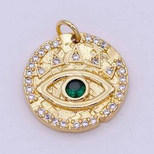 Dainty Gold Filled Evil Eye Charm with Green Emerald Cz Stone Coin Charm for Bracelet Necklace Supply N-362