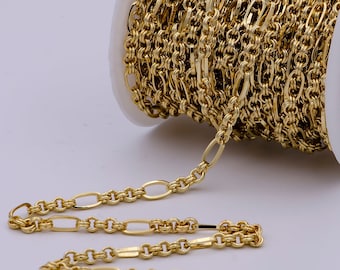 Gold Rolo Stadium Cable Paperclip Chain by Yard, Link Cable Rolo Elongate Chain Wholesale bulk Roll Chain for Jewelry Making,573