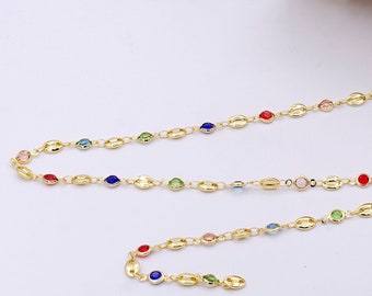 14K Gold Filled Anchor Chain Micro Pave Colorful Charm Chain by Yard, CZ Charm Specialty Link Unfinished Chain for Jewelry Making Roll 1026