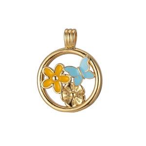 Gold Filled Daisy Round Medalion Pendant Blue Butterfly and Flower Charm Colorful Enamel Pendant, 2245