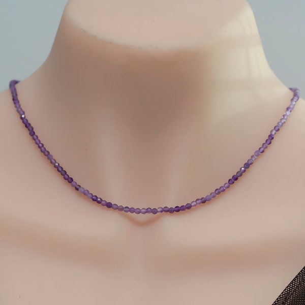 Dainty 16"+1" ext.Amethyst Stone Tiny Bead Necklace,Faceted Purple Beads Necklace for Women semi Precious Stone Beaded Gemstone,WA-319