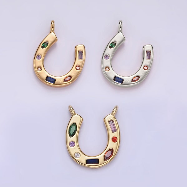 14K Gold Filled CZ Multicolor Dotted Lucky Horseshoe Charm | AC819