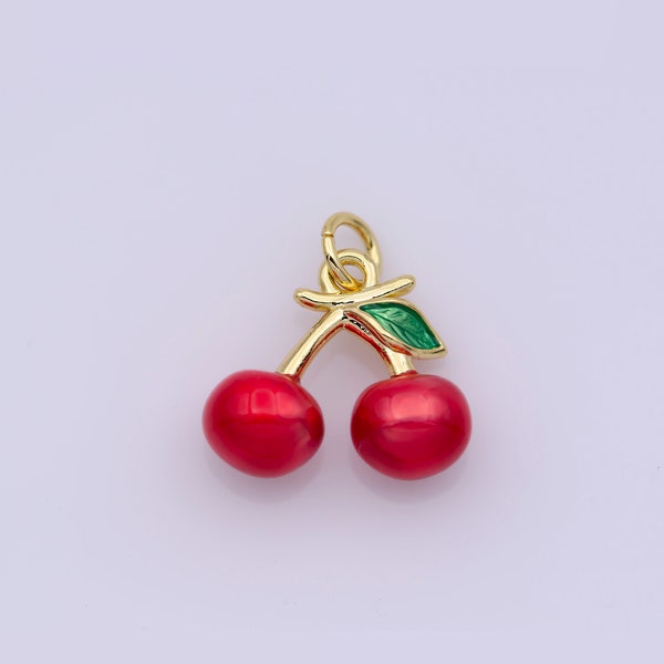 Red Cherry Charm,  Enamel Necklace Charm, Cherries 24K gold Filled Pendant , Jewelry for Bracelet Necklace Earring