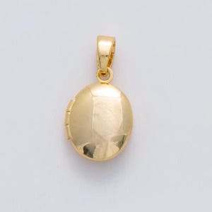May include: Two gold-colored oval lockets, one closed and one open. The open locket reveals two oval spaces inside. Both lockets have a small loop at the top for a chain. The background is plain white.