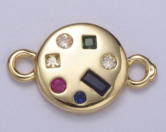 May include: Gold charm featuring a round design with multi-coloured gemstones. The charm has two loops for attaching to a bracelet or necklace.
