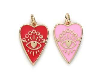 Pendants for Necklace 22x27mm 24k Shiny Gold Plated Pink Enamel Evil Eyes Charm Mini Round Evil Eye Charm Evil Eye Pendants GLD045