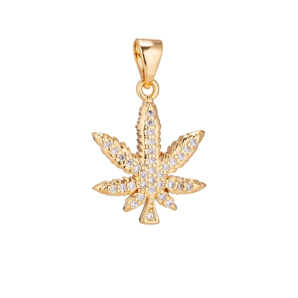 Gold CZ Micro Pave Marijuana Leaf Charm Pendant Weed Silver Charm, Pot Leaf Charm, Cannabis Charm, Cubic Weed Charm 420 jewelry,914